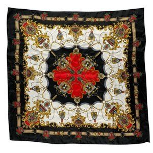 Vintage Preppy Chain Print Scarf 1990s Large Square Red Black Gold Print Bold